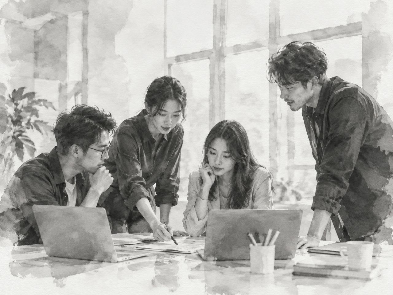 Team members collaborating in the office